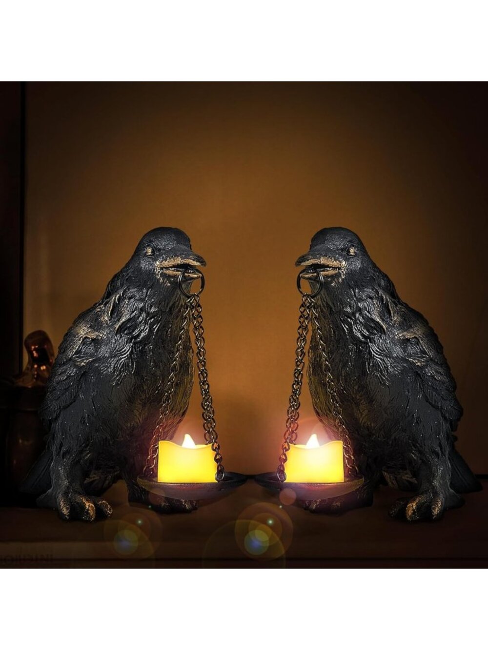 Gothic Raven Decor - Resin Crow Tealight Candle Holder & Lamp Set, 2PCS